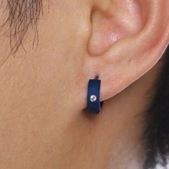 Ionic Plated Stainless Steel and Cubic Zirconia Blue Huggie Hoop - Picture 2 of 7